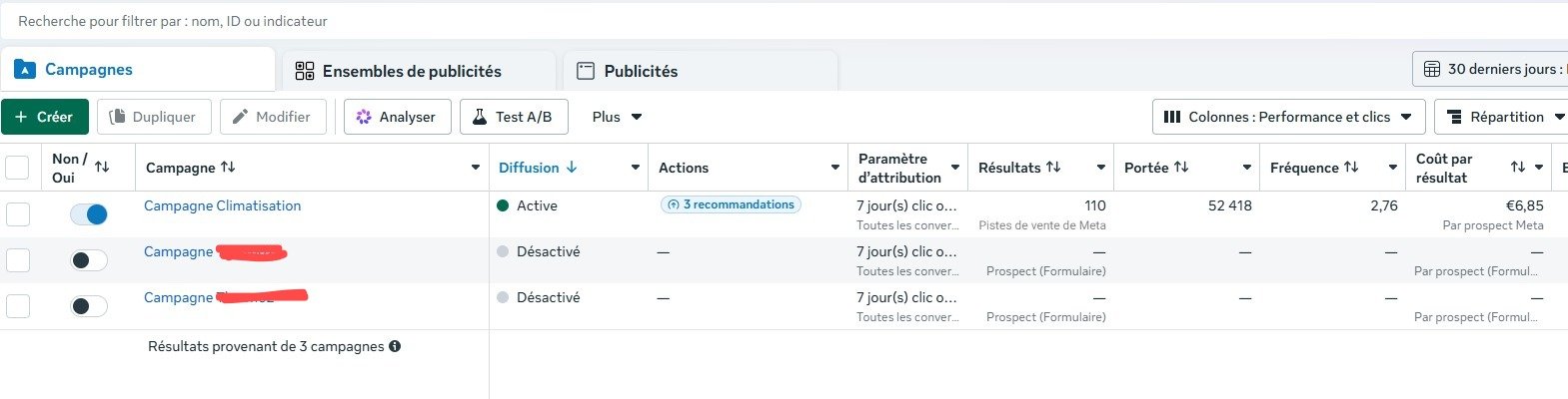 Meta Ads campaigns view showing results, reach, frequency and cost per lead for an active lead campaign